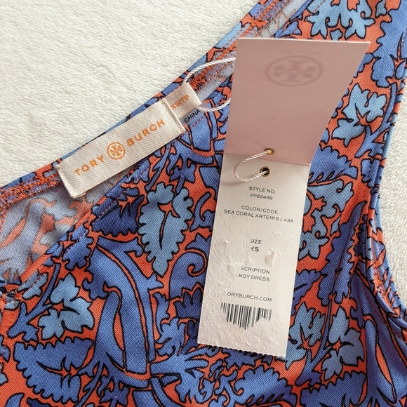 Tory Burch Dress 100% Silk Sheath Sleeveless V-Neck Floral Blue Coral XS NWT - Picture 13 of 14